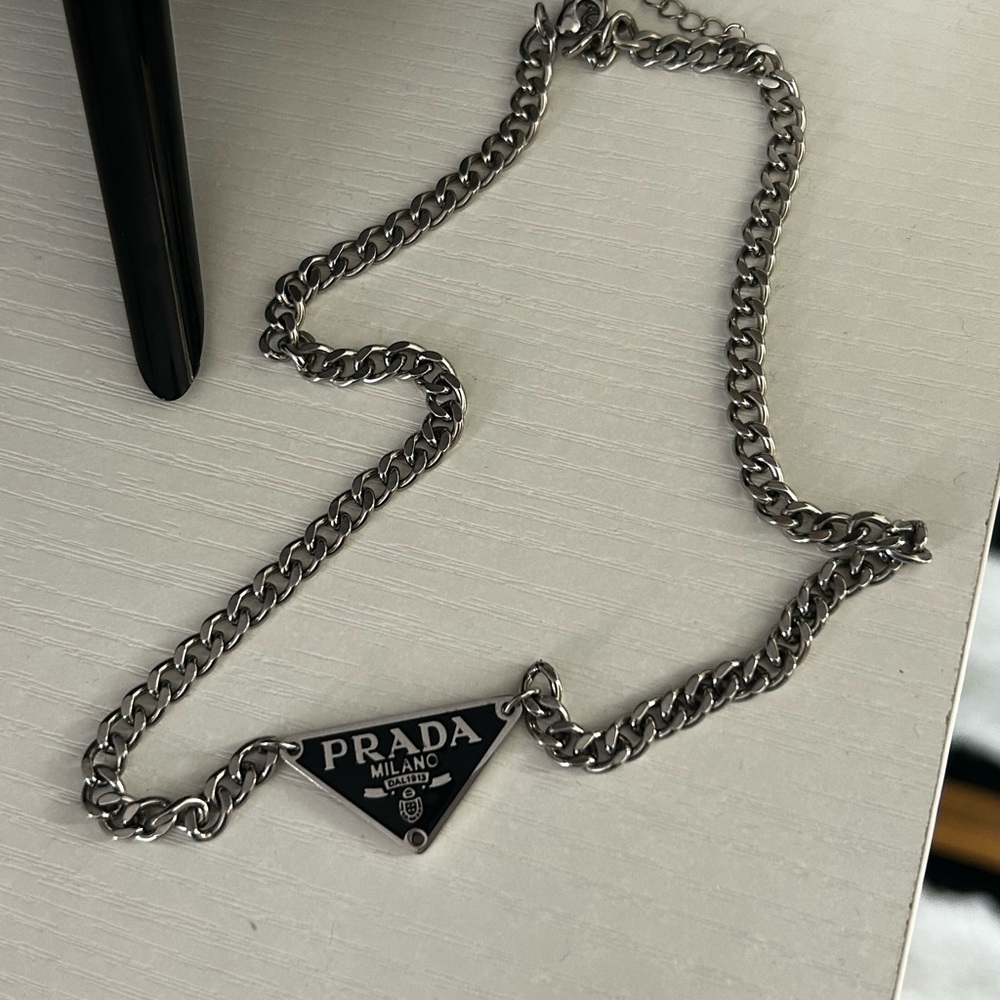 Prada Black and Silver Logo Necklace